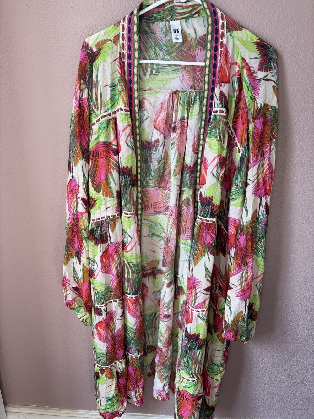 It’s 3X Tropical Leaf Print Kimono Duster Cardigan Boho Open Front